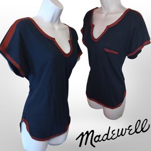 Madewell Embroidered Trim Top, Size Medium M, Navy Blue Red